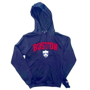 Champion Boston Pullover Hooded Sweatshirt Red Boston Spellout On Chest Navy XS